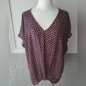 West Kei V-Neck Blouse with Pink and Navy BLUE Print
